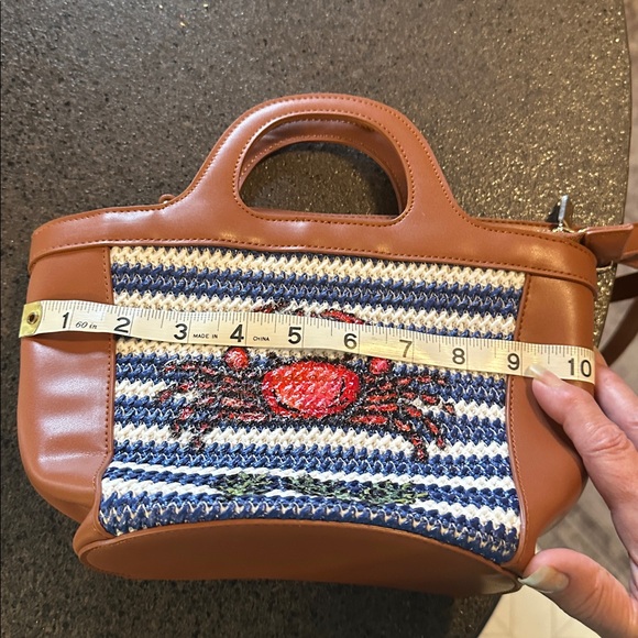 Ann Taylor Tan and Blue Striped Crossbody Bag with Crab Design - Picture 6 of 9